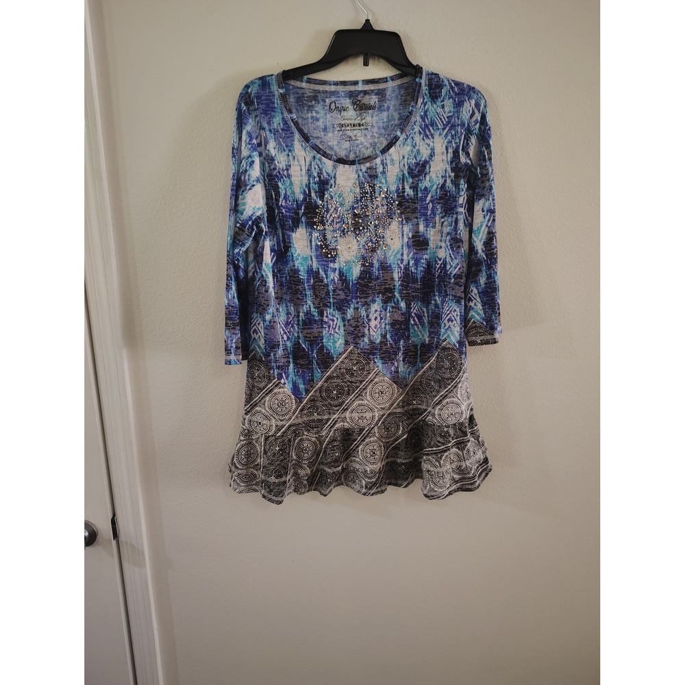 Onque Casuals Blue Ikat Print Rhinestone Tunic Top Womens Large‎ 3/4 Sleeve Boho